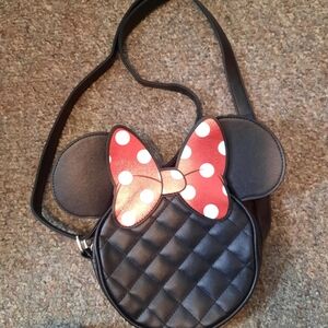 Black Quilted Mouse Ear Crossbody Bag with Red Polka Dot Bow